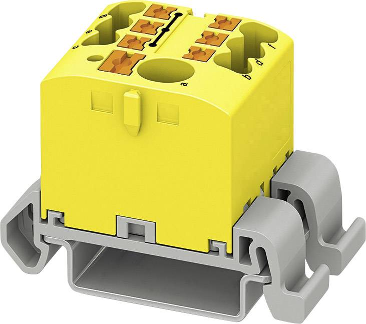 Composant électrique jaune rectangulaire avec plusieurs bornes de connexion orangées, monté sur un support gris.