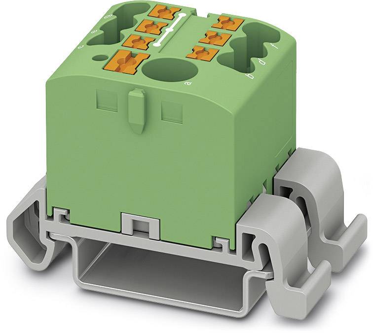 Module de connexion électrique vert monté sur un socle gris, avec plusieurs connecteurs enfichables orange visibles.