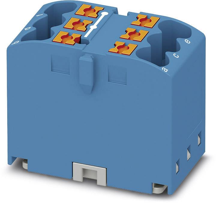 Un bloc de connexion électrique bleu avec plusieurs points de serrage oranges, adapté pour la connexion de câbles électriques.