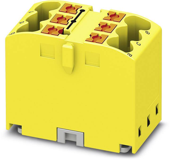 Pièce de connexion électrique jaune avec six bornes de raccordement marquées en rouge, probablement destinée à des applications industrielles ou techniques.
