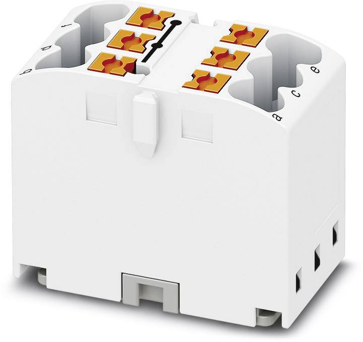 Un connecteur en plastique blanc avec plusieurs points de connexion et des mécanismes de levier orange pour relier des câbles électriques.