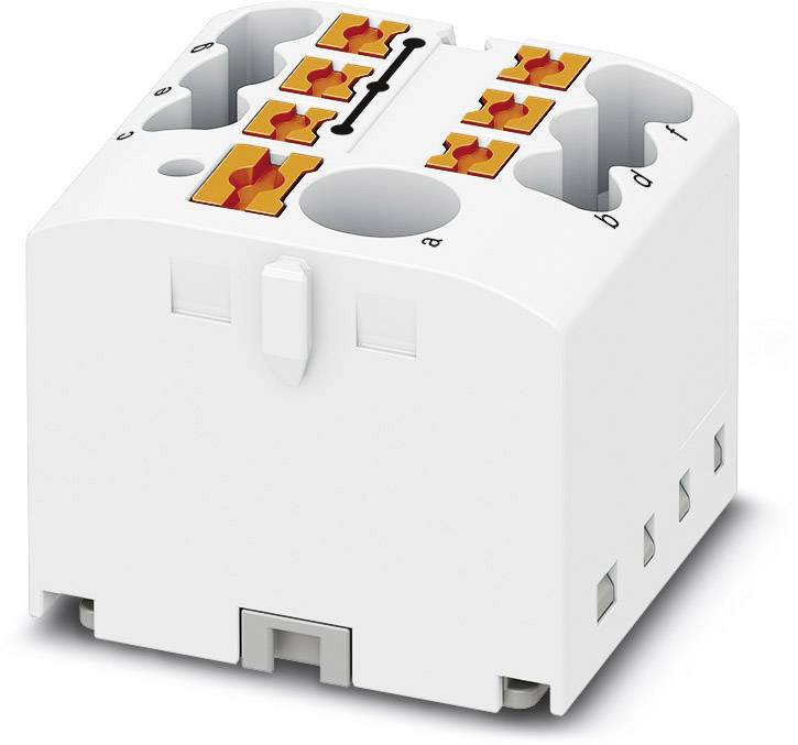 Un bloc de connexion électrique blanc avec des bornes oranges. La partie supérieure présente des lettres de a à e pour différentes connexions.