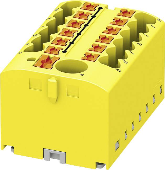Module électrique jaune avec plusieurs bornes de connexion. Adapté pour les connexions de câbles dans les tableaux électriques.