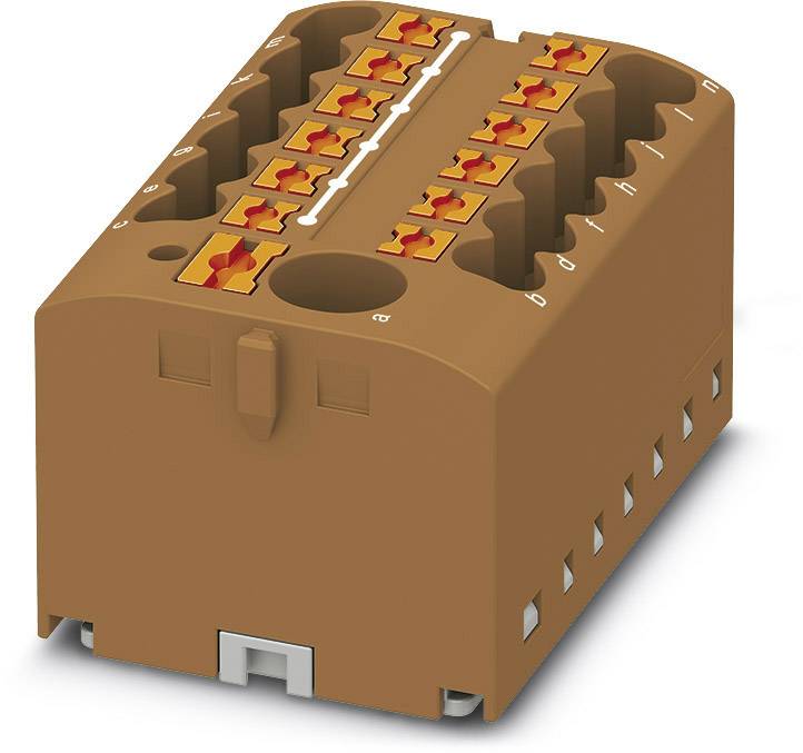 Bloc de connecteurs marron avec plusieurs bornes de connexion oranges, adapté aux câblages électriques, avec des connexions latérales visibles.
