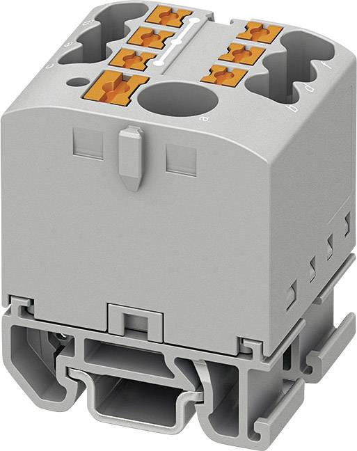 Module de connexion électrique gris avec plusieurs bornes orange, montable sur rail DIN, pour la fixation de câbles.