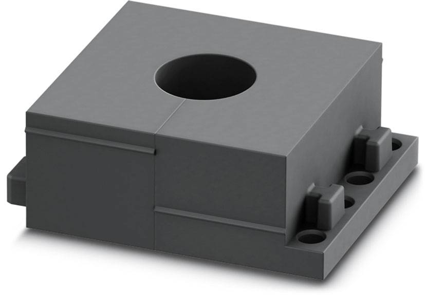 Un boîtier rectangulaire en plastique gris avec un trou central et des trous de fixation aux coins.