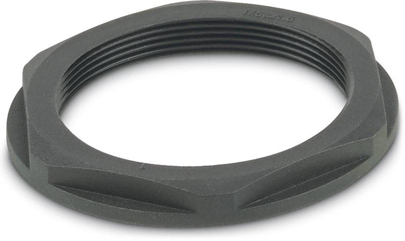 Raccord en plastique noir fileté, de forme hexagonale et à bord strié, utilisé pour la fixation sécurisée de tuyaux ou de câbles.