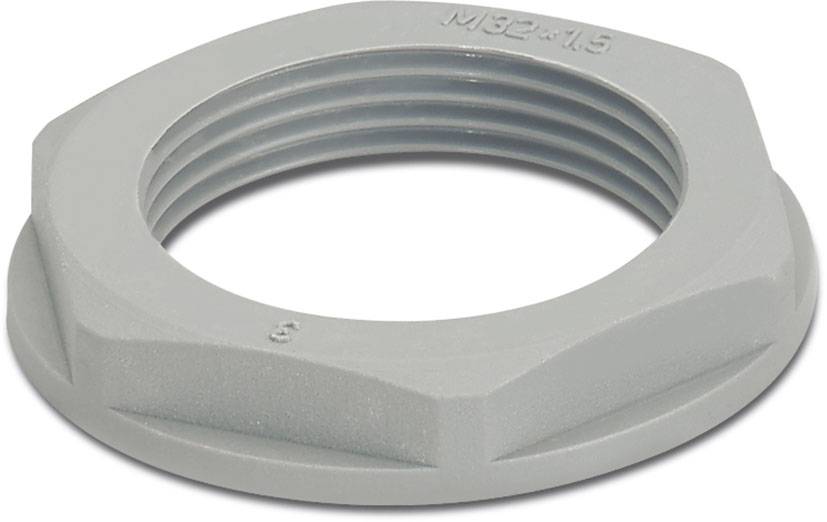 Un filetage en plastique gris hexagonal, souvent utilisé pour sécuriser des raccords ou des connexions dans des applications techniques.