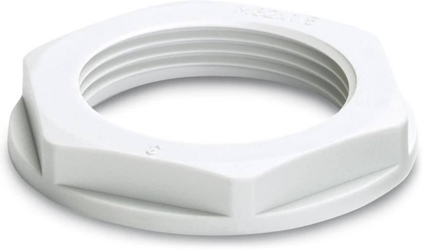 Bague d'écrou hexagonal en plastique blanc avec filetage, vue de côté, pour raccordements de tuyaux ou de tubes.