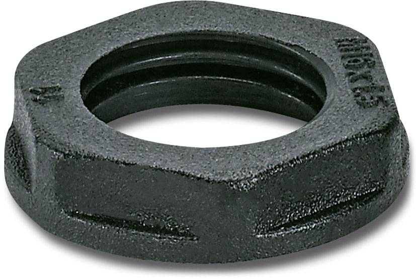 Écrou hexagonal en métal noir, adapté pour sécuriser des assemblages par vis, avec ouverture filetée au centre.