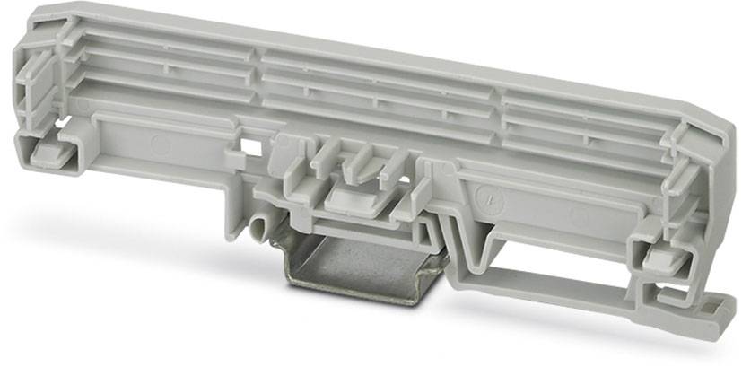 Connecteur en plastique gris avec élément métallique, utilisé pour la fixation sur rail DIN dans les installations électriques.