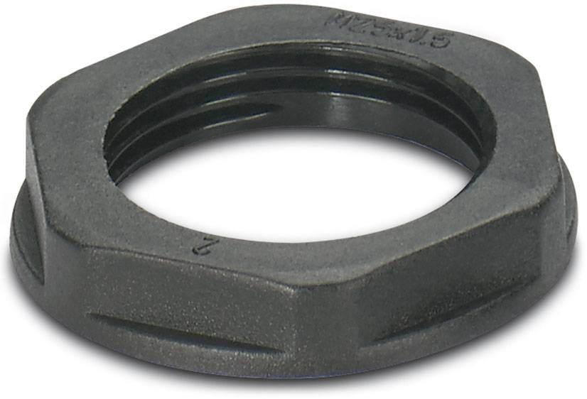 Écrou hexagonal en métal, noir, avec filetage intérieur ; utilisé pour fixer des vis ou des boulons.
