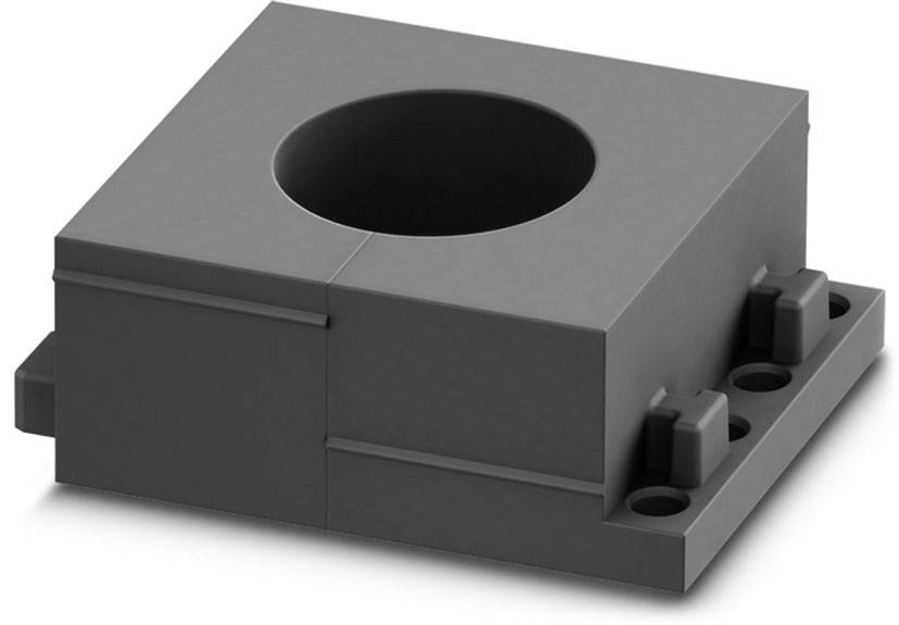 Un boîtier en plastique gris, carré, avec une ouverture cylindrique en son centre, adapté pour une fixation par vis.