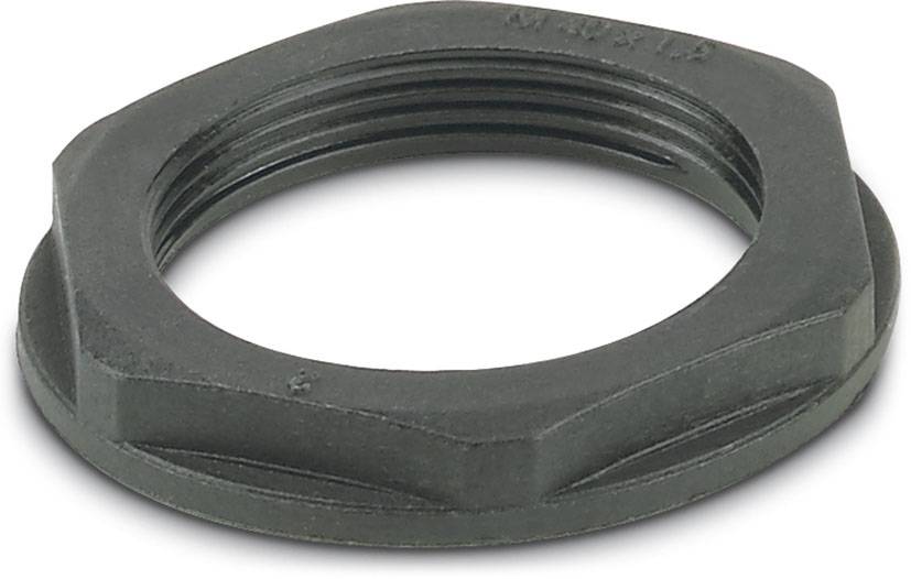 Écrou hexagonal en métal, noir, avec filetage intérieur. Utilisé pour fixer des connexions et des composants dans des machines.