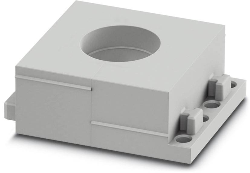 Bloc gris de plastique industriel avec un trou central circulaire, vue de côté. Utilisé pour la fixation dans des applications techniques.