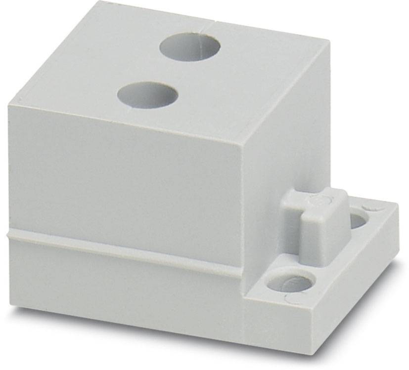 Bloc rectangulaire gris en plastique avec deux trous en haut, relié à une plaque de base. Fonctionne comme un boîtier de bornes.