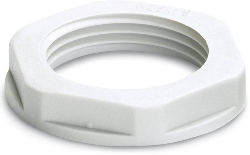 Un flasque de bride de écrou en plastique blanc hexagonal.
