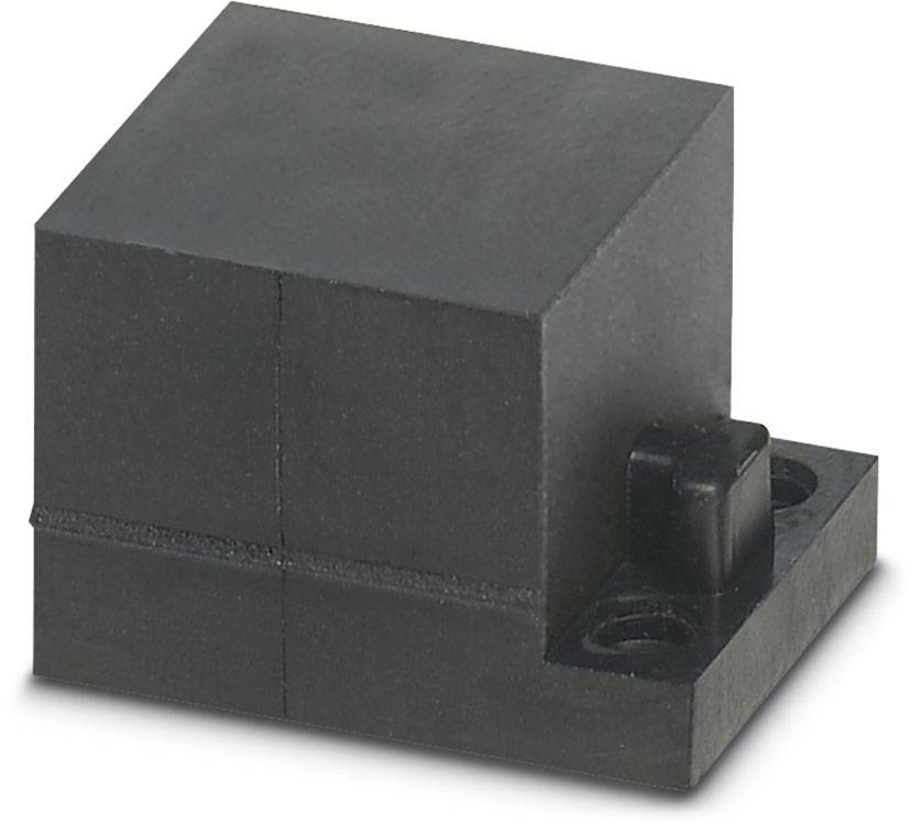 Un objet noir, de forme cubique, avec deux petites ouvertures de fixation à sa base. Il pourrait faire partie d'un appareil électronique.