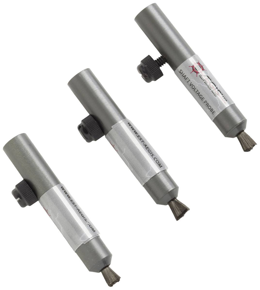 Trois testeurs de tension électrique gris avec pointe de brosse, présentés sous différents angles.