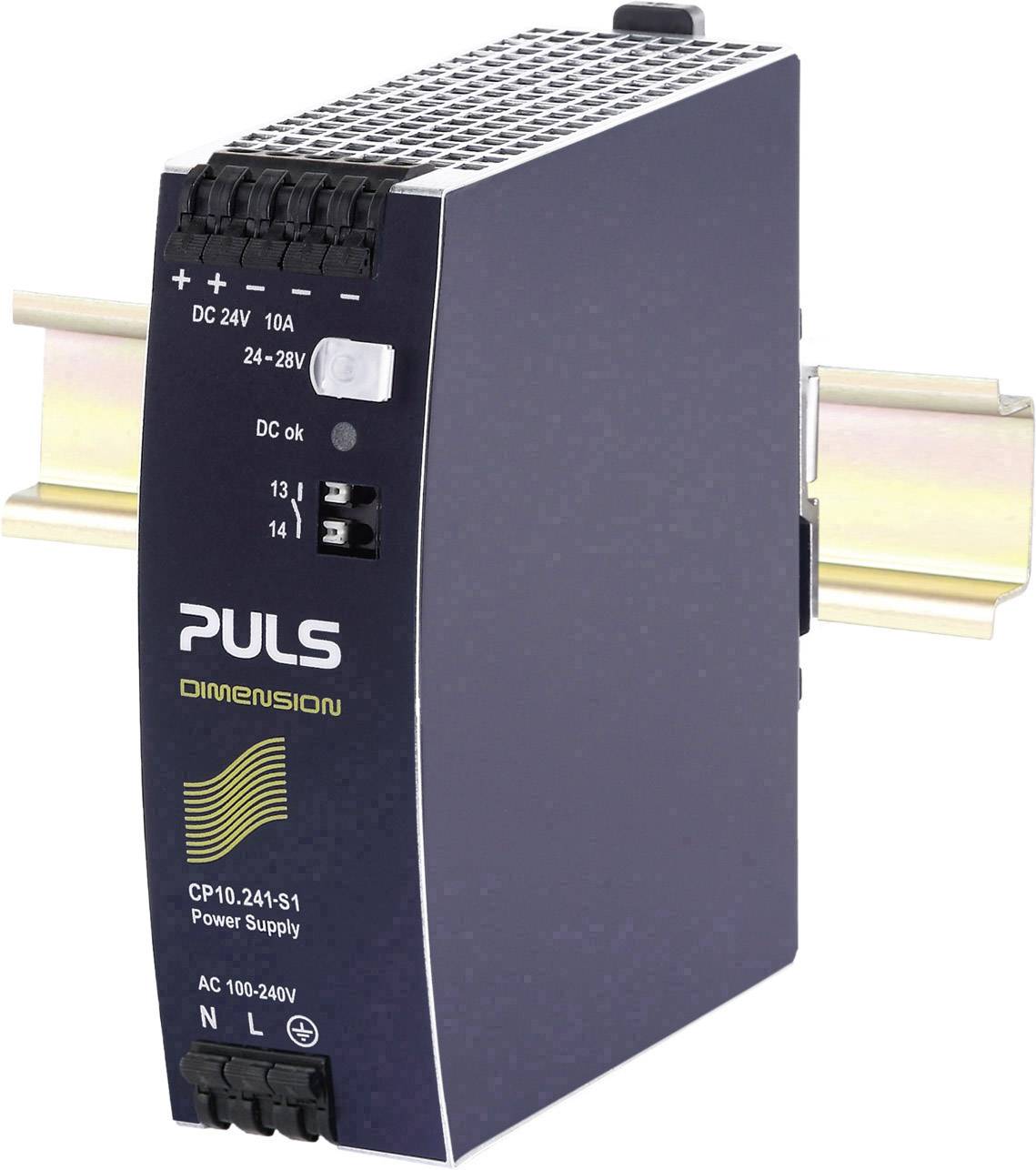 Un bloc d'alimentation à découpage PULS pour montage sur rail DIN, modèle CP10.241-S1. Entrée 100-240V CA, sortie 24V CC, 10A.