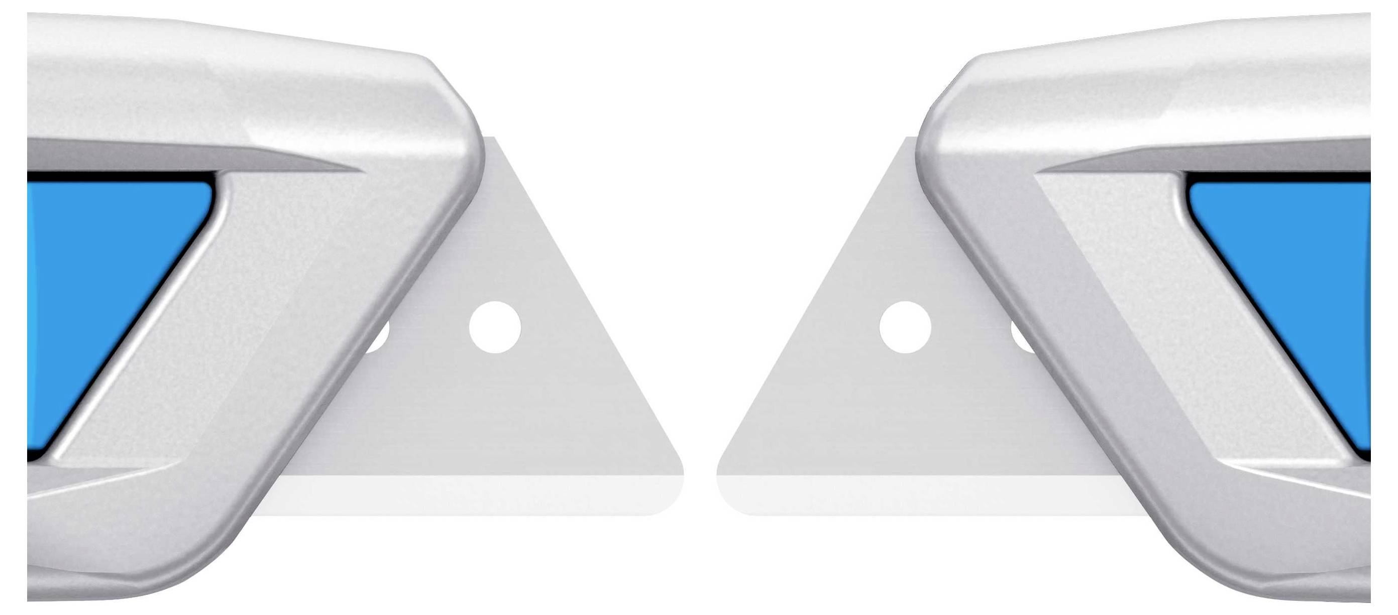 Deux pièces métalliques argentées avec des triangles bleus, disposées symétriquement, chacune comportant deux trous de fixation sur un fond clair.