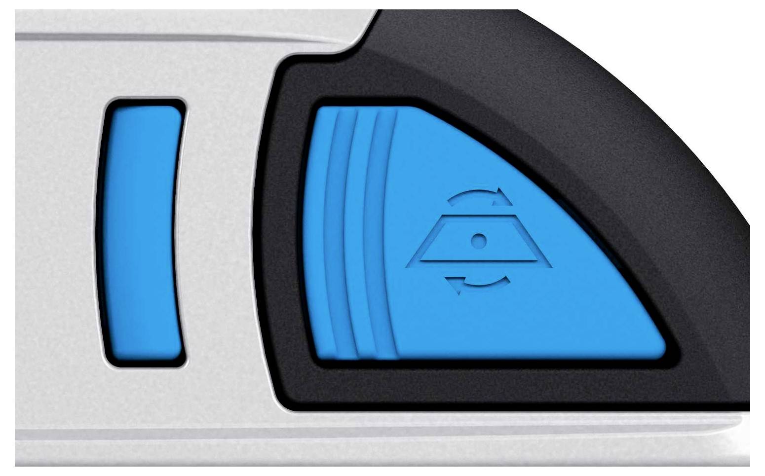 Un gros plan d'une télécommande ou d'un appareil avec un bouton bleu et des symboles, entouré d'un boîtier argenté et noir.
