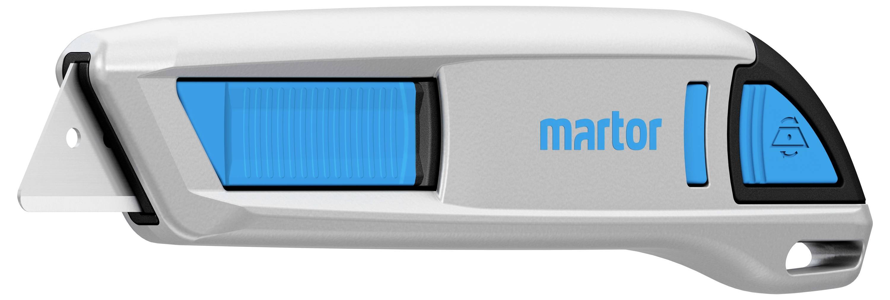 Un couteau de sécurité argent et bleu avec protection de lame intégrée, poignée ergonomique et mécanisme de coulissement latéral.