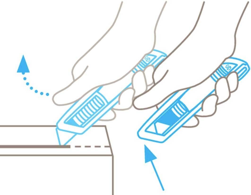 L'illustration montre deux mains utilisant un couteau de sécurité pour ouvrir un carton le long d'une ligne pointillée.