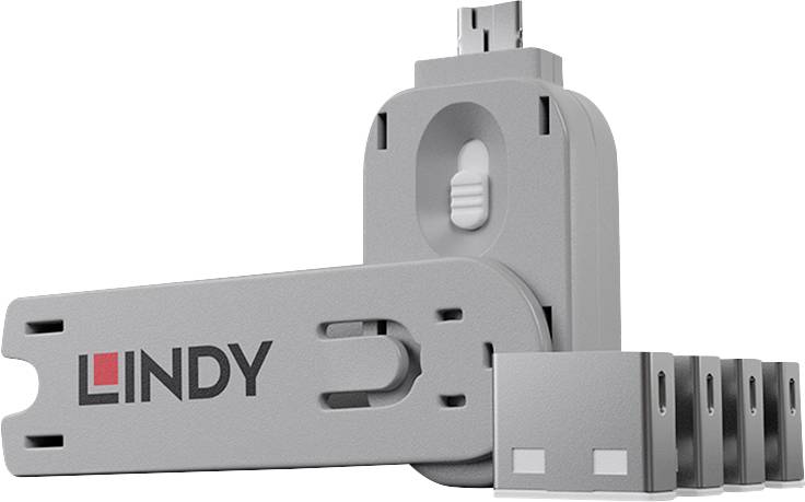 Clé USB Lindy grise avec prise rétractable et boîtier de connecteur pliable et réglable.
