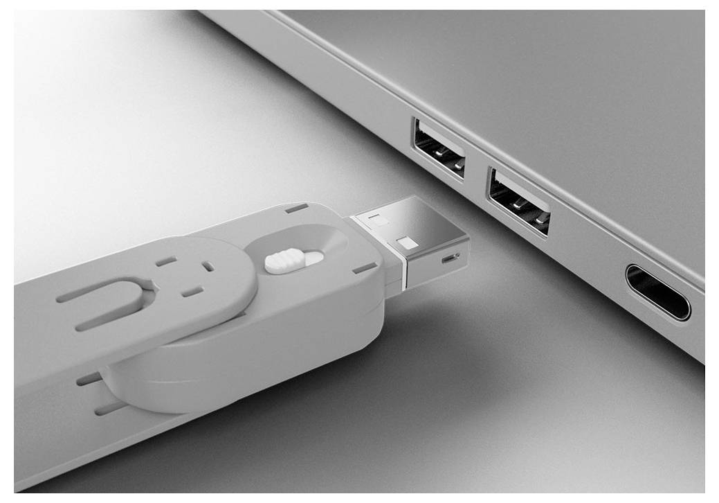 Emballage de produit pour un concentrateur USB-C : concentrateur noir, boîte beige avec un dessin au trait, carte d'instructions et deux câbles USB-C de 100 cm affichés sur un fond gris.