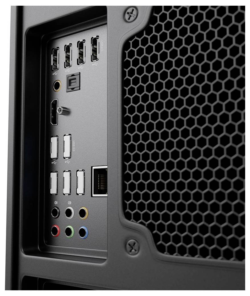 Gros plan du panneau arrière d'une tour d'ordinateur de bureau montrant les ports USB, audio, affichage et réseau à côté d'une grille de ventilation en nid d'abeille.