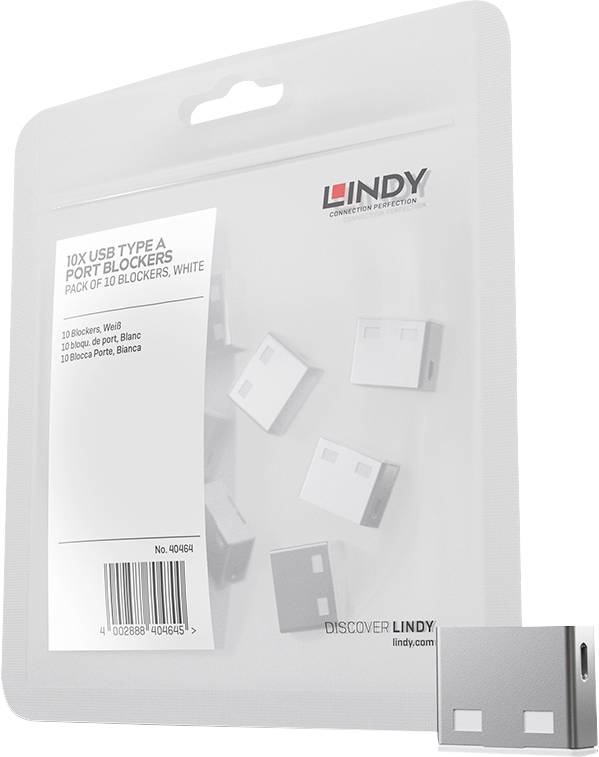Emballage pour 10 bloqueurs de port USB type A LINDY, lot de 10, blanc, présenté dans une pochette transparente suspendue avec illustration du produit et code-barres.