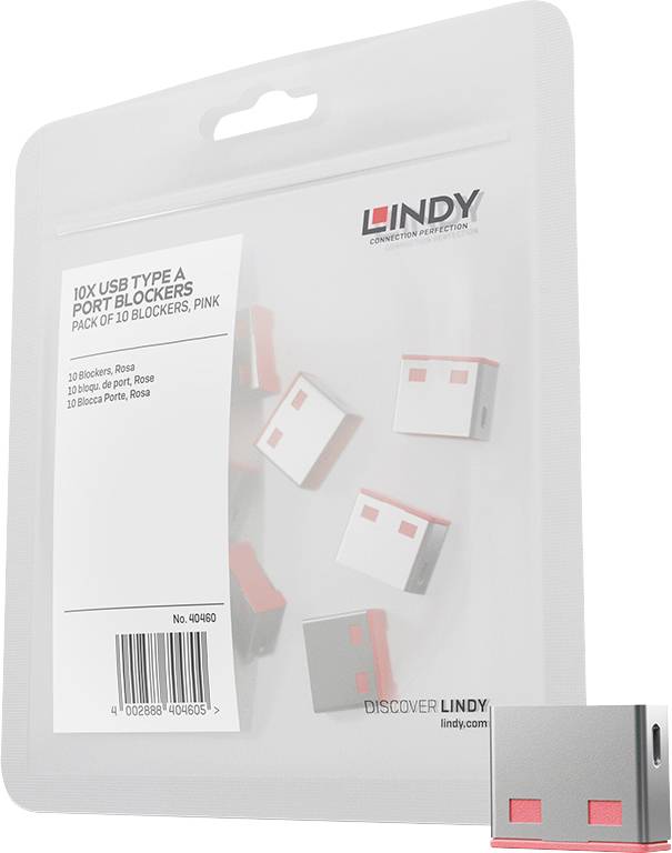 Paquet LINDY de 10 bloqueurs de port USB Type A, rose, présenté dans un emballage de vente au détail transparent avec suspention, images du produit et code-barres.