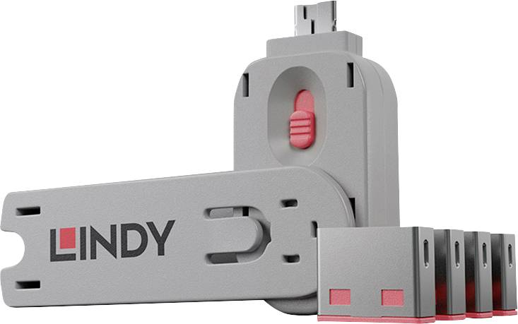 Image de produit d'un adaptateur USB rotatif LINDY gris avec un commutateur rouge, montrant des embouts de connecteur interchangeables pour plusieurs types de prises USB.