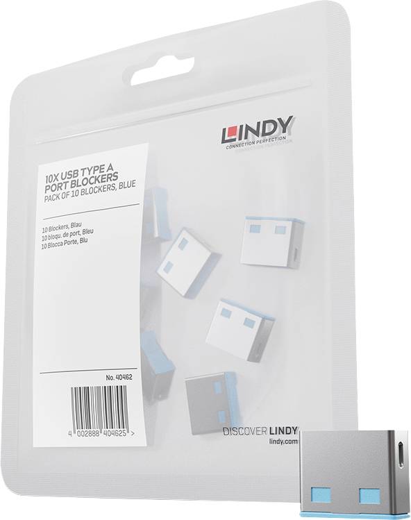 Emballage LINDY pour un lot de 10 bloqueurs de port USB Type A, bleu, présenté avec de petits blocs de blocage métalliques dans un emballage de style ampoule.