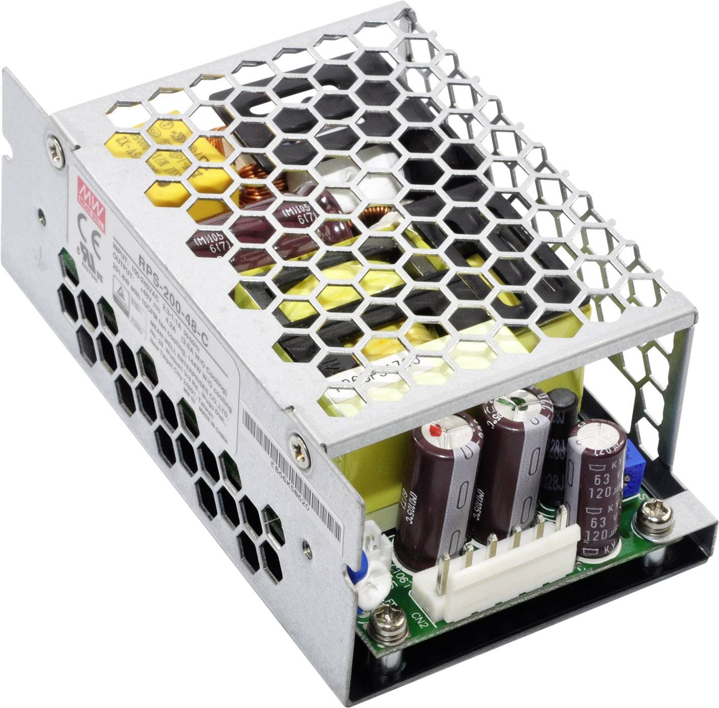 Un bloc d'alimentation ouvert, rectangulaire, avec des composants électroniques visibles et un couvercle métallique en nid d'abeille sur le dessus.