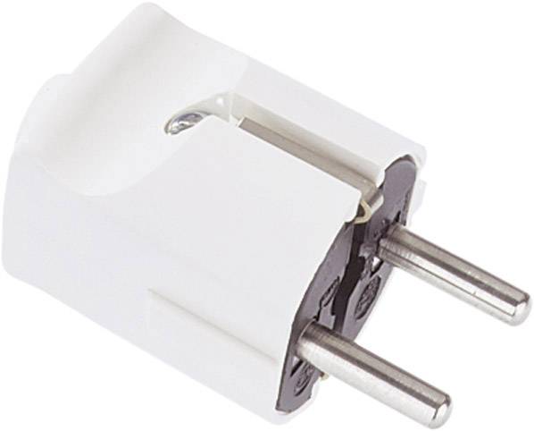 Un adaptateur de prise Schuko blanc, adapté aux prises européennes, sur un fond neutre.