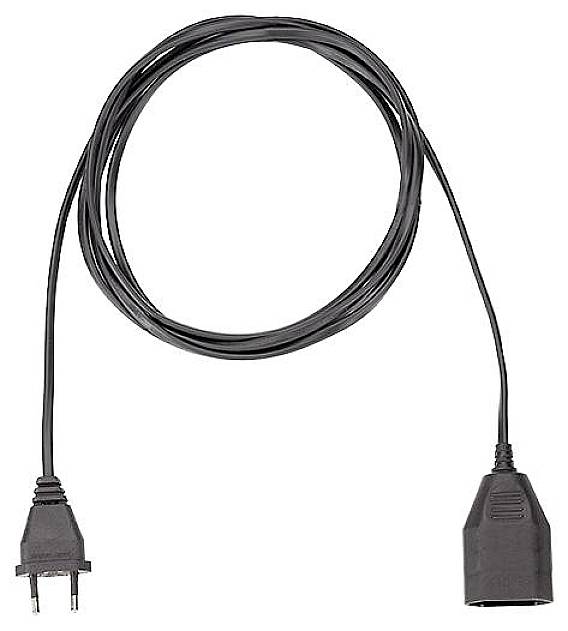 Un câble de rallonge noir avec une fiche Schuko et un coupleur, enroulé sur un fond clair.