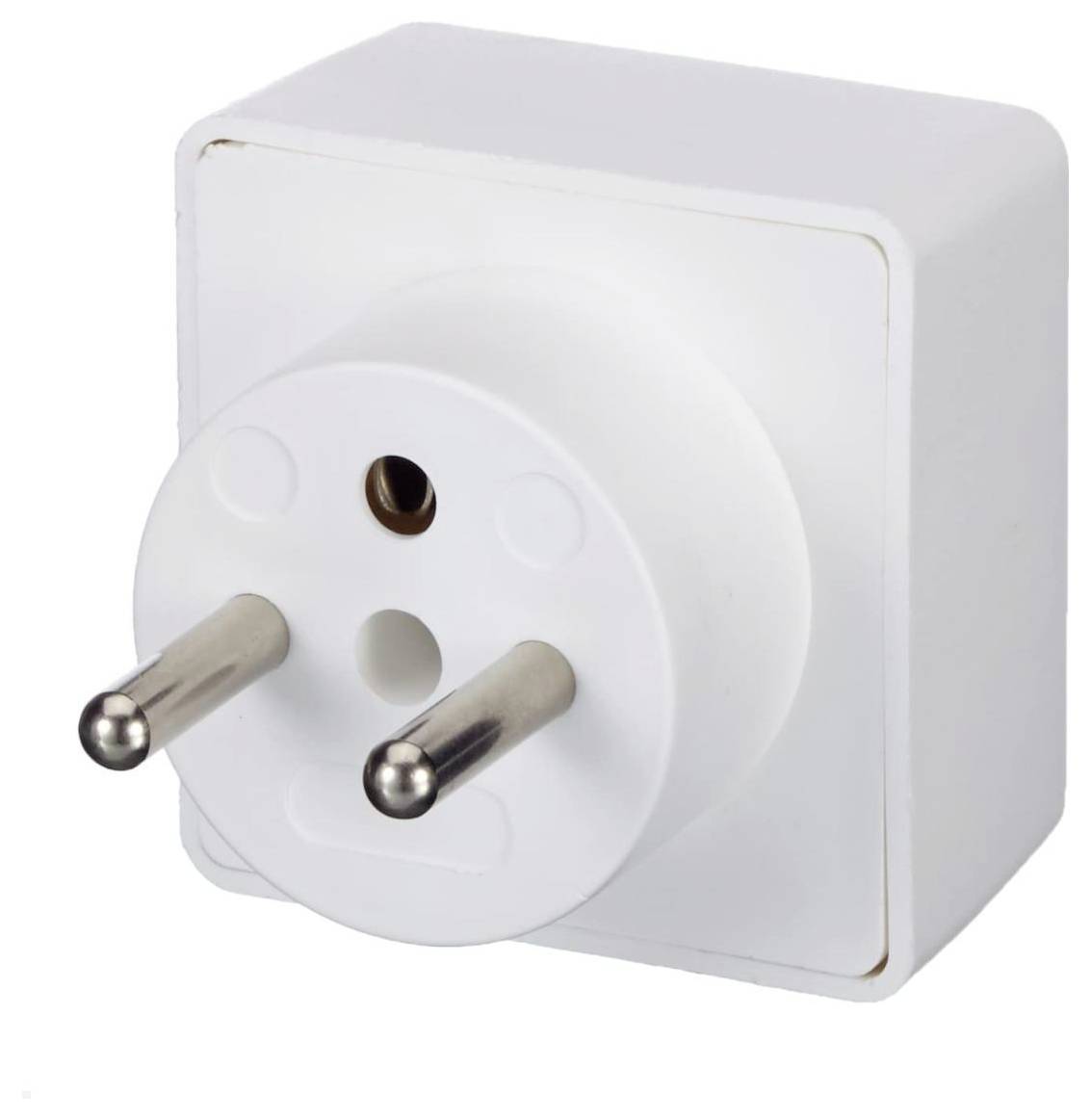 Un adaptateur de prise blanc, carré, avec deux broches métalliques rondes.