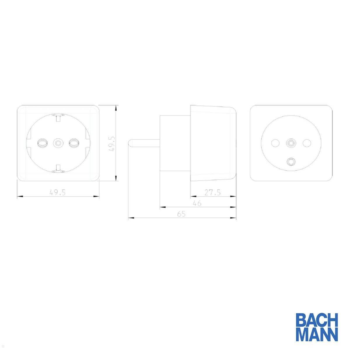 Dessin technique d'une prise électrique avec dimensions : largeur 49,5 mm, profondeur 46 mm, hauteur 65 mm. Marque 'BACHMANN' en bas à droite.