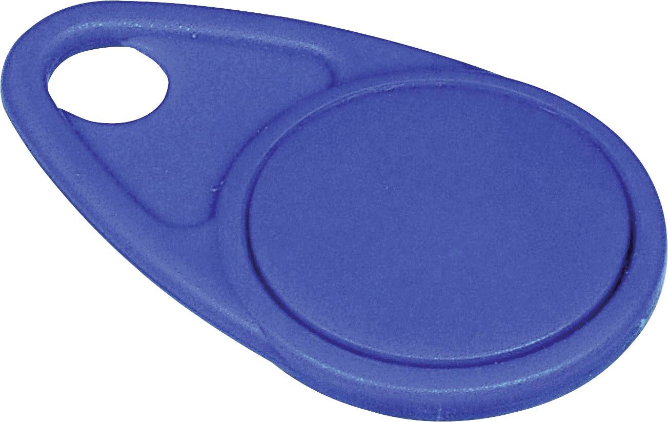 Un porte-clés RFID ovale bleu avec un trou à une extrémité.
