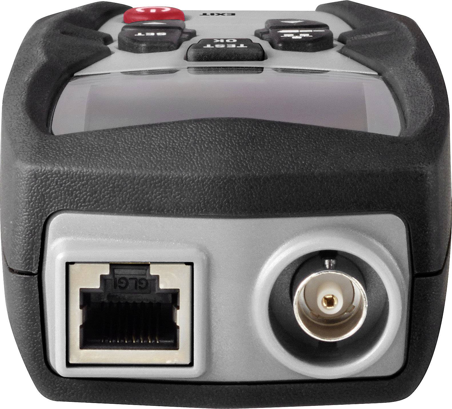 Un testeur de réseau et de câbles coaxiaux avec des connexions pour Ethernet et câbles coaxiaux, adapté au diagnostic et au dépannage.