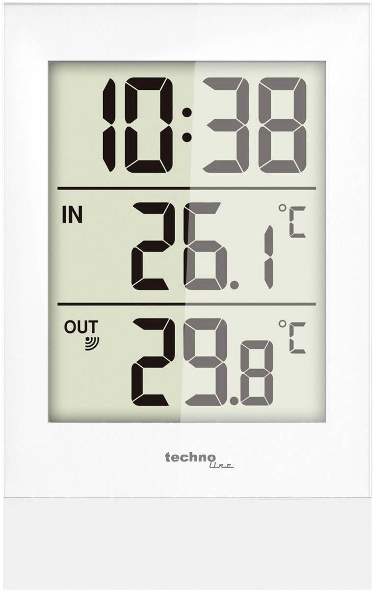 Thermomètre numérique affiche '10:38'. Température intérieure : 26,1°C. Température extérieure : 29,8°C. Nom de marque en bas.