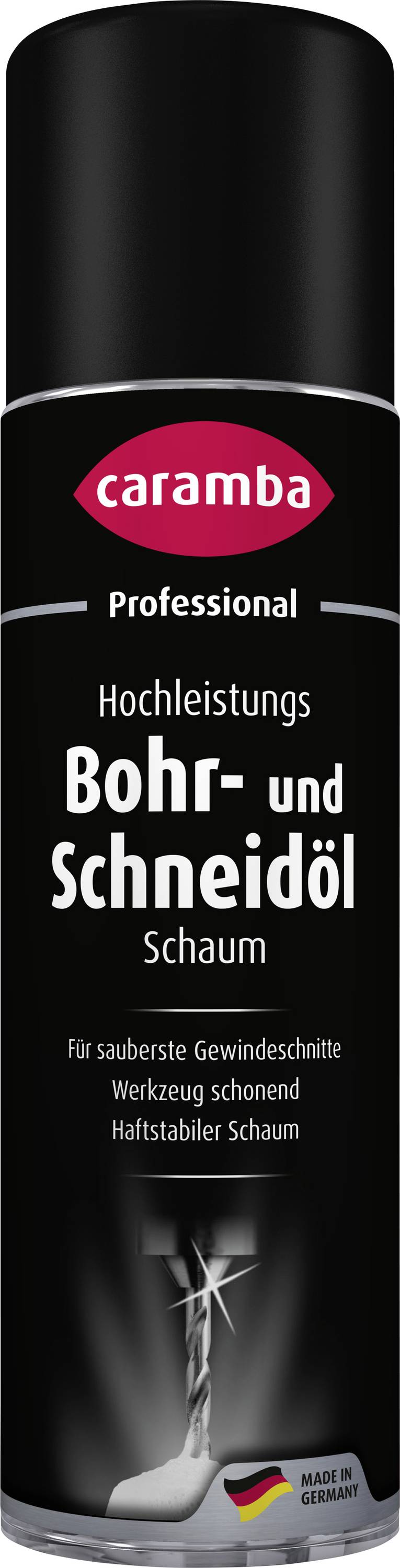 Caramba Spray de mousse d'huile de forage et de coupe haute performance professionnelle en boîte, étiqueté en allemand, pour des filetages propres et la protection des outils.