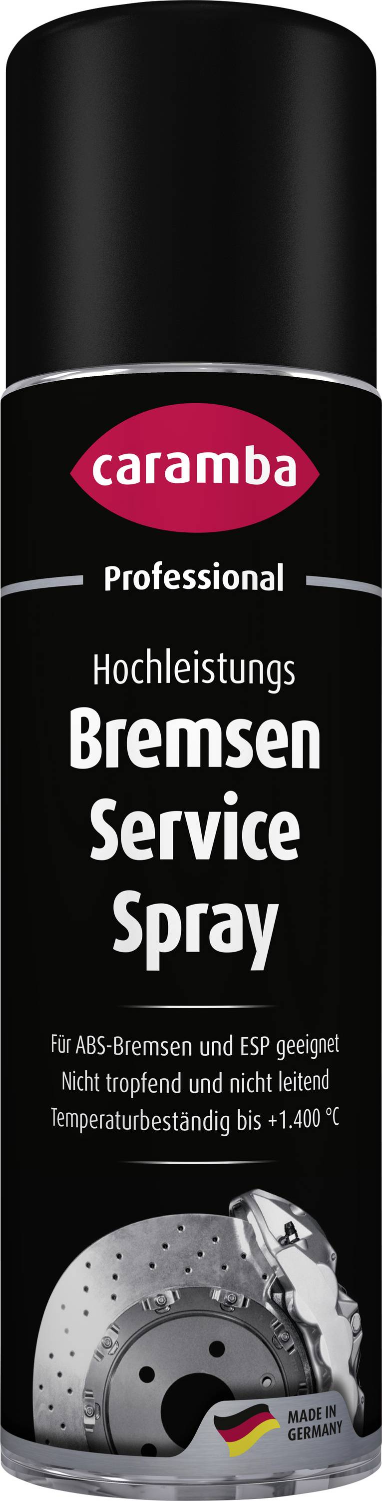 Caramba Spray de service de frein professionnel haute performance en bombe avec image de disque de frein et texte en allemand, incluant « Fabriqué en Allemagne ».