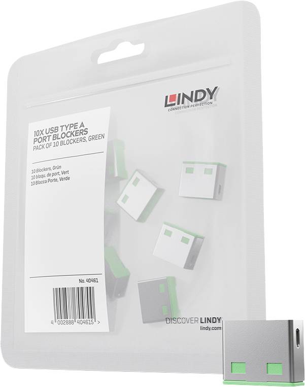 Emballage pour 10 bloqueurs de port USB Type A LINDY, paquet de 10, vert, présenté dans une pochette transparente suspendue avec images de produit et code-barres.