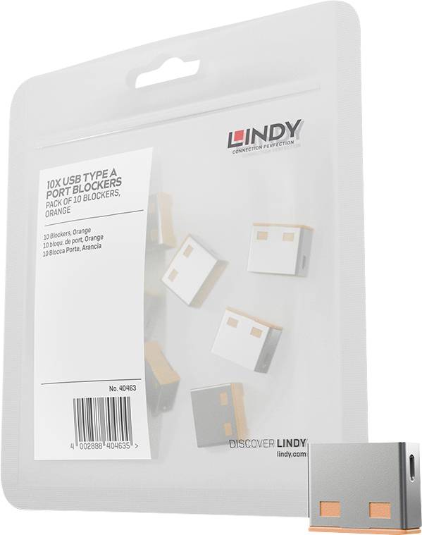 Paquet LINDY de 10 bloqueurs de port USB Type A orange, présenté dans une pochette transparente suspendue avec étiquette de produit et petits bloqueurs visibles.