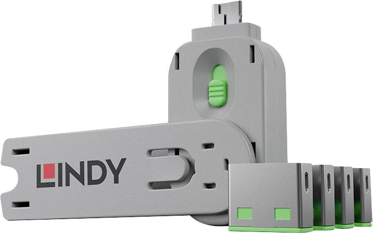 Clé USB Lindy grise avec capuchon retiré et un commutateur de verrouillage vert, présentée dans une image de style produit sur fond blanc.