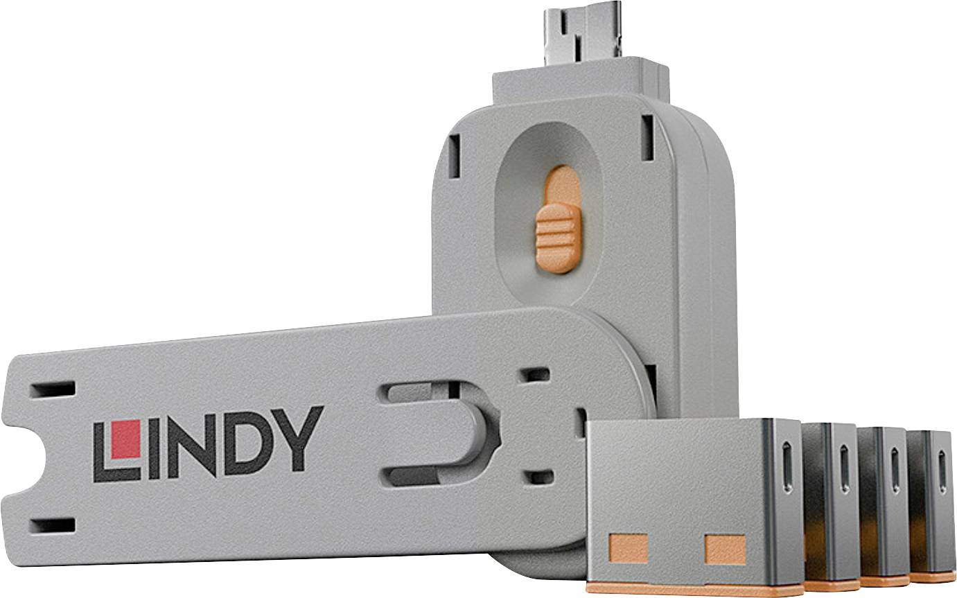 Dispositif LINDY USB avec un support gris ajustable et un curseur de dégagement orange, montré avec un bras articulé déployé et plusieurs inserts de montage attachés.
