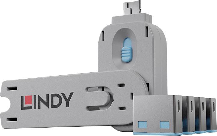 Adaptateur USB de marque Gray LINDY avec curseur bleu ajustable, présenté avec une prise repliable et des embouts de connecteur interchangeables